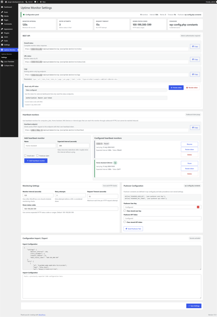 Instellingenpagina van Qndrs Availability and Heartbeat Monitor met REST API, levensteken-monitoring en notificatie-instellingen.