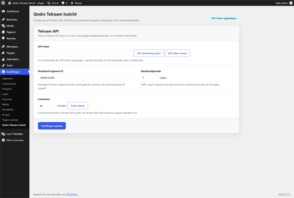 Instellingenpagina van de Qndrs Telraam-plugin in WordPress.